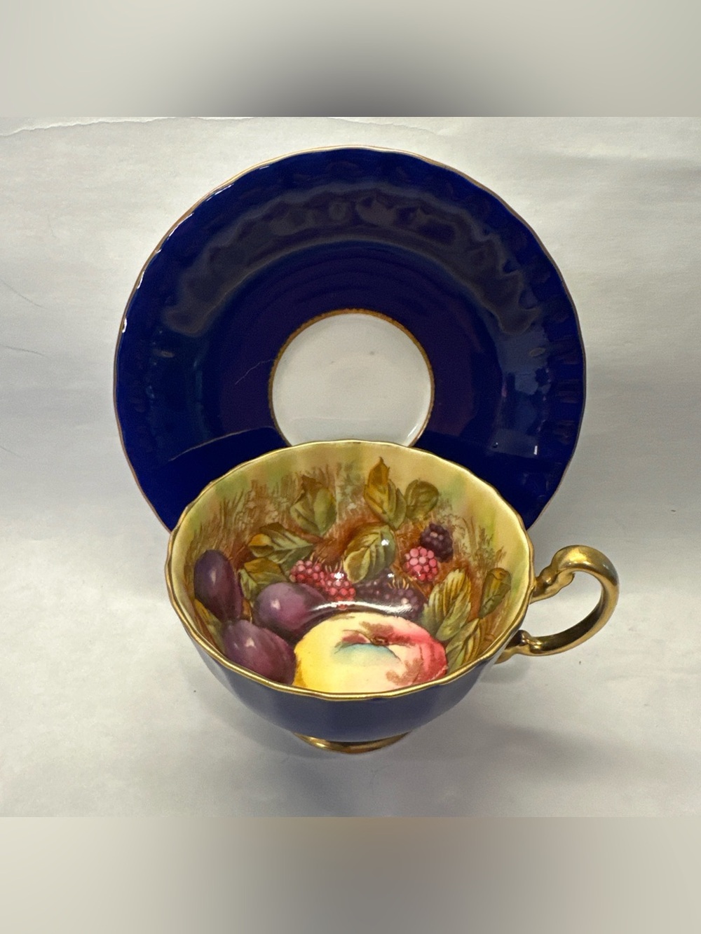 Vintage Aynsley Orchard Fruit Cobalt Blue Tea Cup Saucer Signed D. Jones England